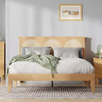 COZONY Lit Queen Size Bohème avec Tête de Lit en Rotin et Lumières LED, Lit Plateforme en Bois