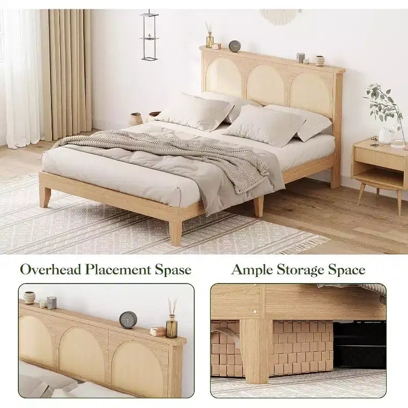 COZONY Lit Queen Size Bohème avec Tête de Lit en Rotin et Lumières LED, Lit Plateforme en Bois