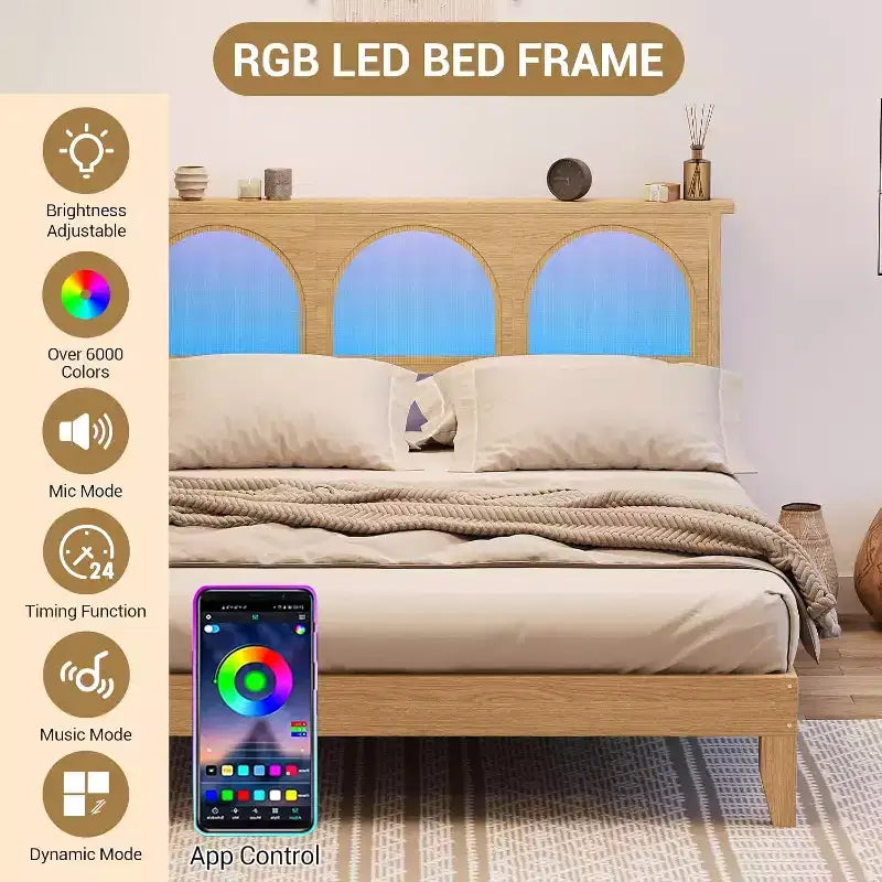 COZONY Lit Queen Size Bohème avec Tête de Lit en Rotin et Lumières LED, Lit Plateforme en Bois