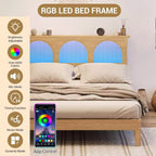 COZONY Lit Queen Size Bohème avec Tête de Lit en Rotin et Lumières LED, Lit Plateforme en Bois