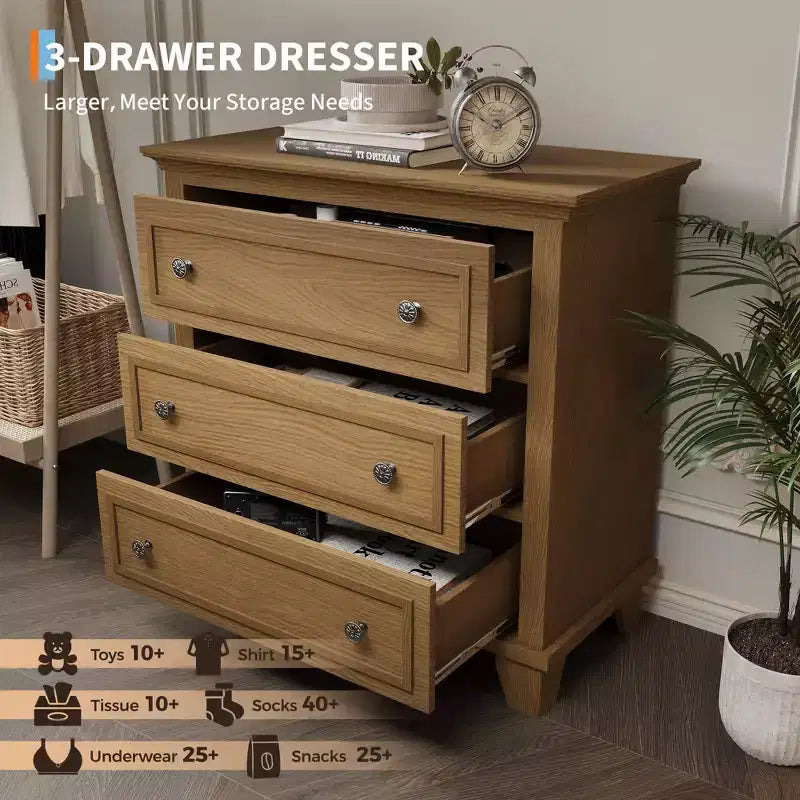 COZONY Commode à 3 tiroirs autoportante, meuble de rangement rustique en bois pour chambre, salon et entrée