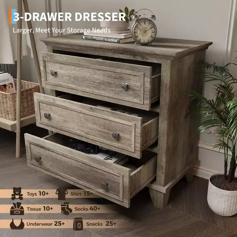 COZONY Commode à 3 tiroirs autoportante, meuble de rangement rustique en bois pour chambre, salon et entrée