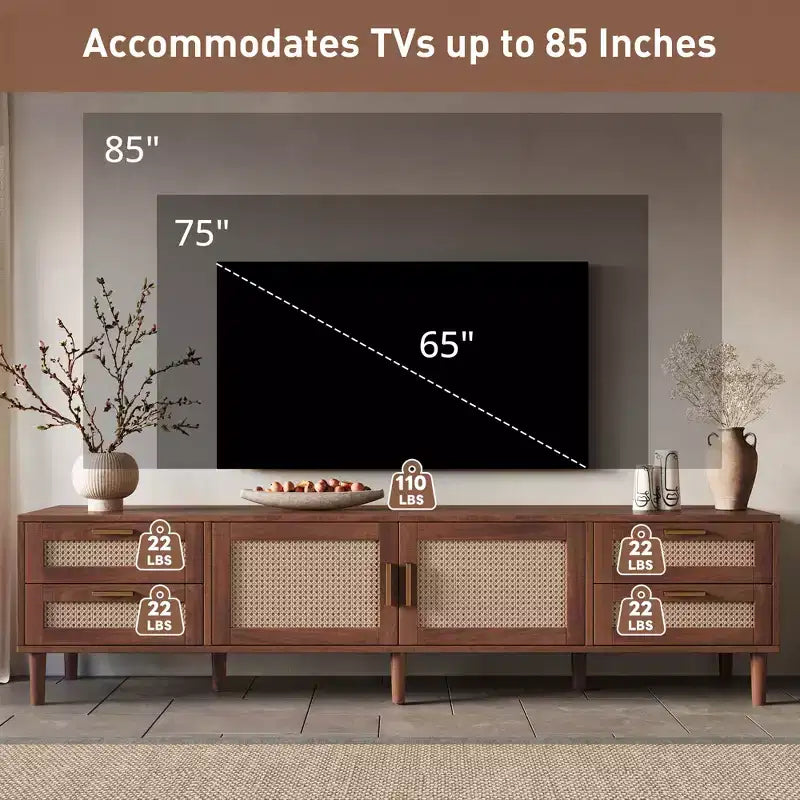 Meuble TV moderne JVNOXK de 78 pouces, adapté aux téléviseurs jusqu'à 85 pouces avec 4 tiroirs et pieds en bois massif