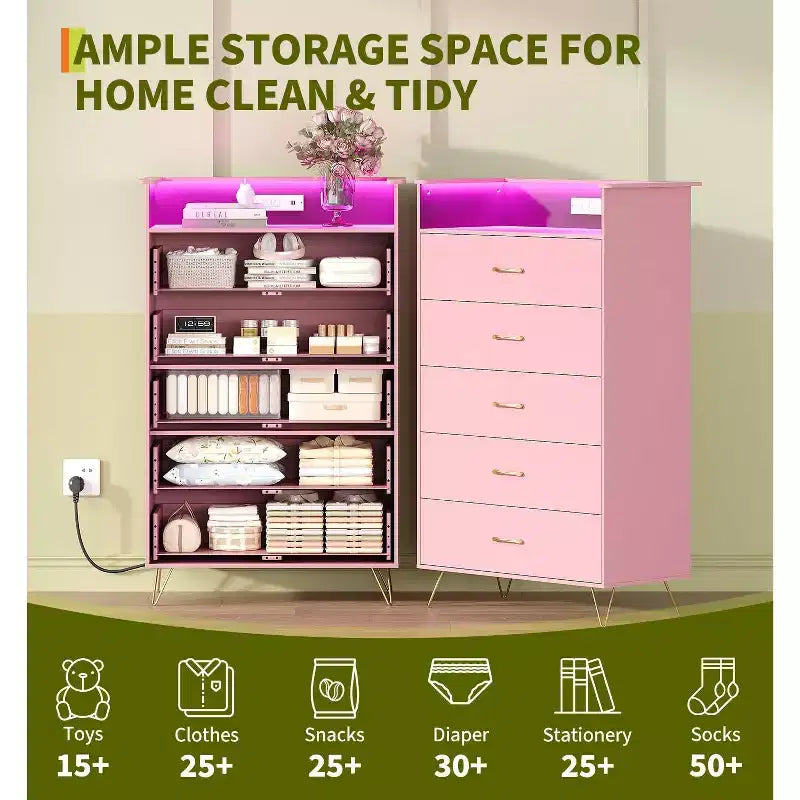 Commode intelligente COZONY à 4 tiroirs avec LED RGB et chargement sans fil, meuble de rangement contrôlé par application pour chambre et salon