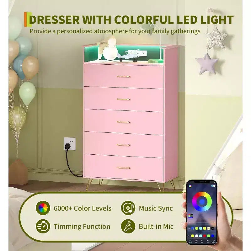 Commode intelligente COZONY à 4 tiroirs avec LED RGB et chargement sans fil, meuble de rangement contrôlé par application pour chambre et salon
