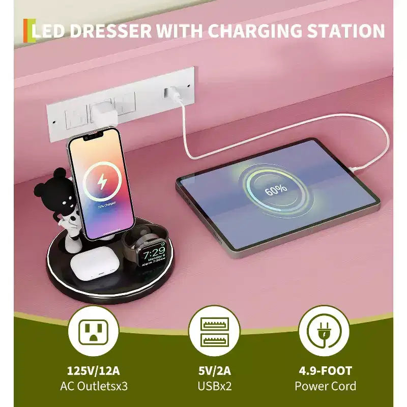 Commode intelligente COZONY à 4 tiroirs avec LED RGB et chargement sans fil, meuble de rangement contrôlé par application pour chambre et salon