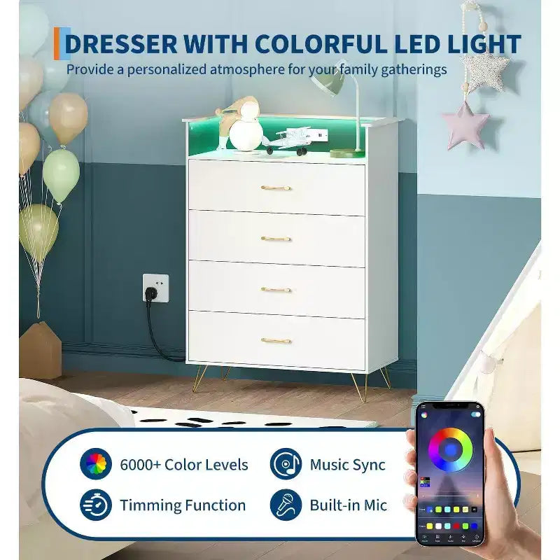 Commode intelligente COZONY à 4 tiroirs avec LED RGB et chargement sans fil, meuble de rangement contrôlé par application pour chambre et salon