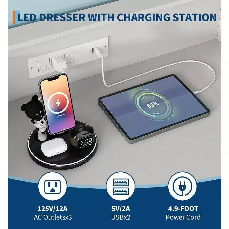 Commode intelligente COZONY à 4 tiroirs avec LED RGB et chargement sans fil, meuble de rangement contrôlé par application pour chambre et salon