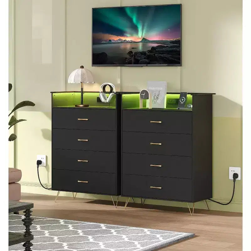 Commode intelligente COZONY à 4 tiroirs avec LED RGB et chargement sans fil, meuble de rangement contrôlé par application pour chambre et salon