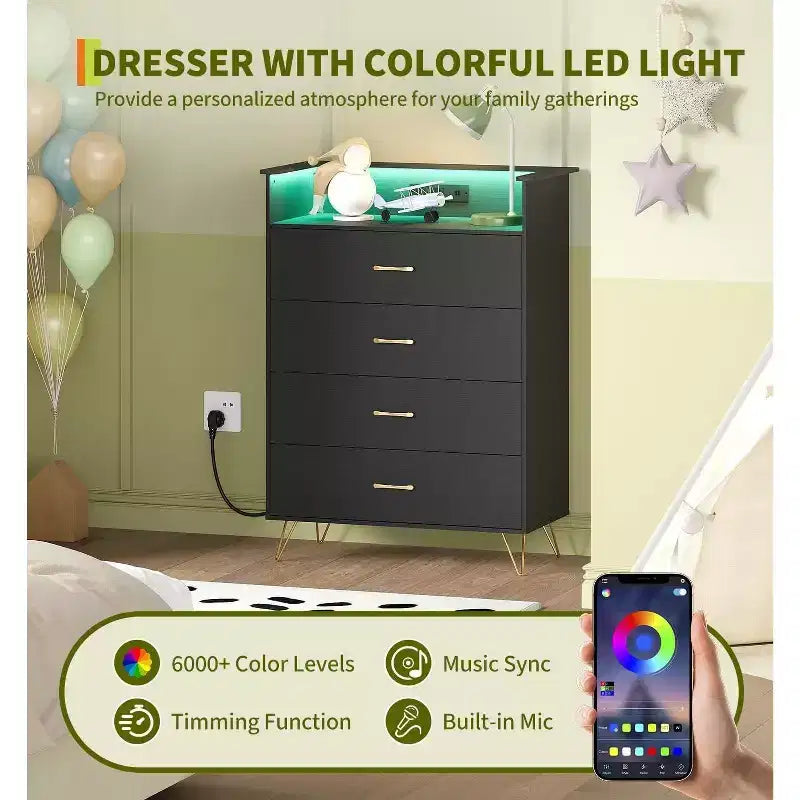 Commode intelligente COZONY à 4 tiroirs avec LED RGB et chargement sans fil, meuble de rangement contrôlé par application pour chambre et salon