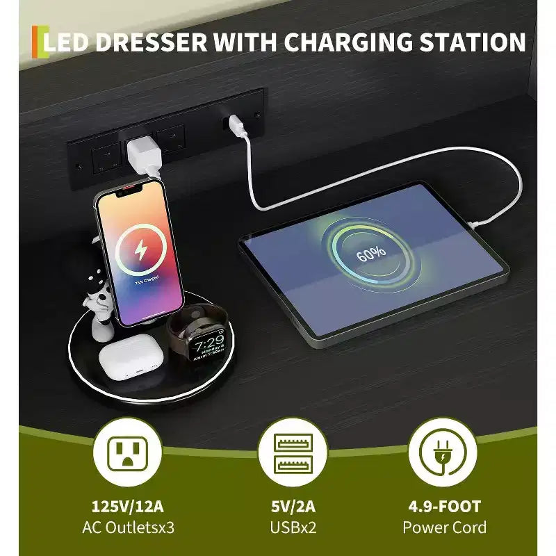 Commode intelligente COZONY à 4 tiroirs avec LED RGB et chargement sans fil, meuble de rangement contrôlé par application pour chambre et salon