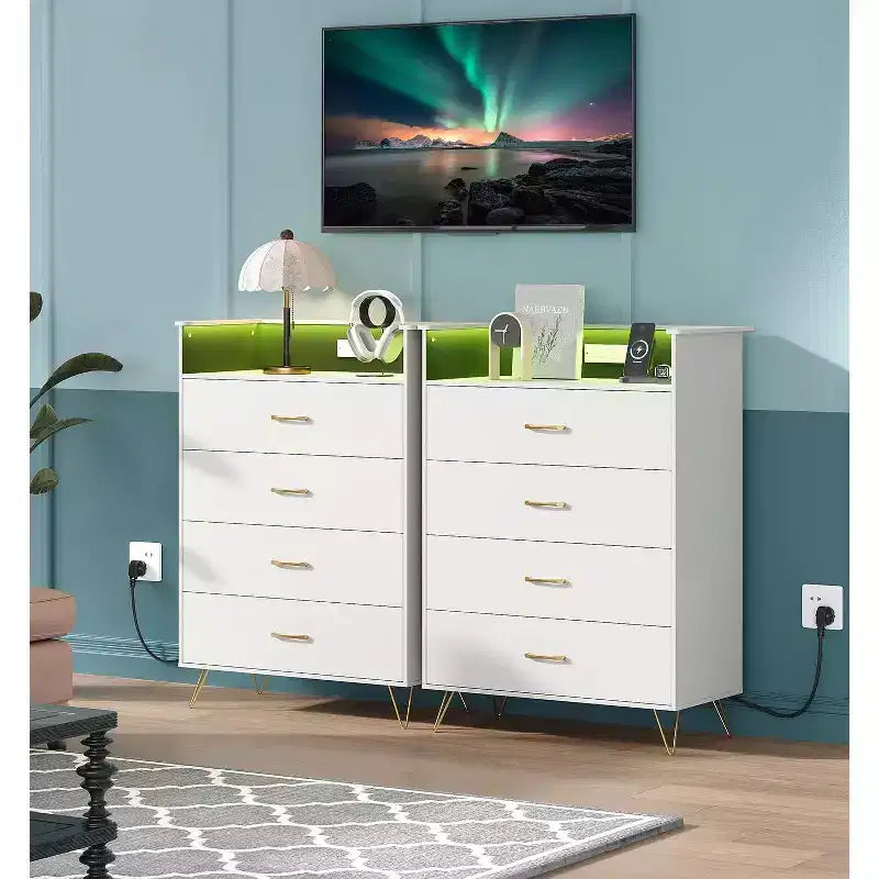 Commode intelligente COZONY à 4 tiroirs avec LED RGB et chargement sans fil, meuble de rangement contrôlé par application pour chambre et salon