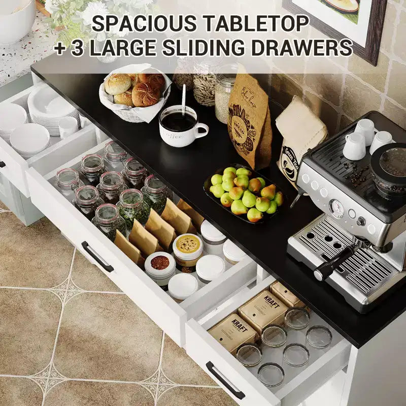 COZONY Buffet - Meuble Bas avec 4 Portes, 3 Tiroirs, Étagère Réglable, Armoire de Rangement de Cuisine pour Salle à Manger, Salon, Bar à Café