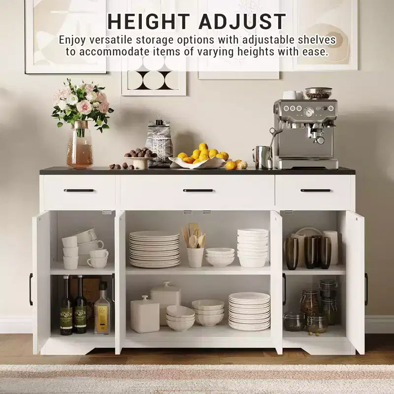 COZONY Buffet - Meuble Bas avec 4 Portes, 3 Tiroirs, Étagère Réglable, Armoire de Rangement de Cuisine pour Salle à Manger, Salon, Bar à Café