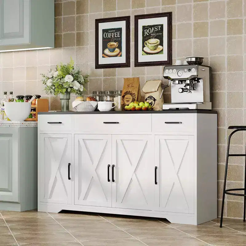 COZONY Buffet - Meuble Bas avec 4 Portes, 3 Tiroirs, Étagère Réglable, Armoire de Rangement de Cuisine pour Salle à Manger, Salon, Bar à Café