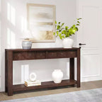 Console d'entrée de 150 cm, table de canapé étroite et longue à 2 niveaux avec 2 tiroirs, table en bois à placer derrière le canapé, table de hall d'entrée pour le salon