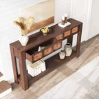 Console d'entrée de 150 cm, table de canapé étroite et longue à 2 niveaux avec 2 tiroirs, table en bois à placer derrière le canapé, table de hall d'entrée pour le salon