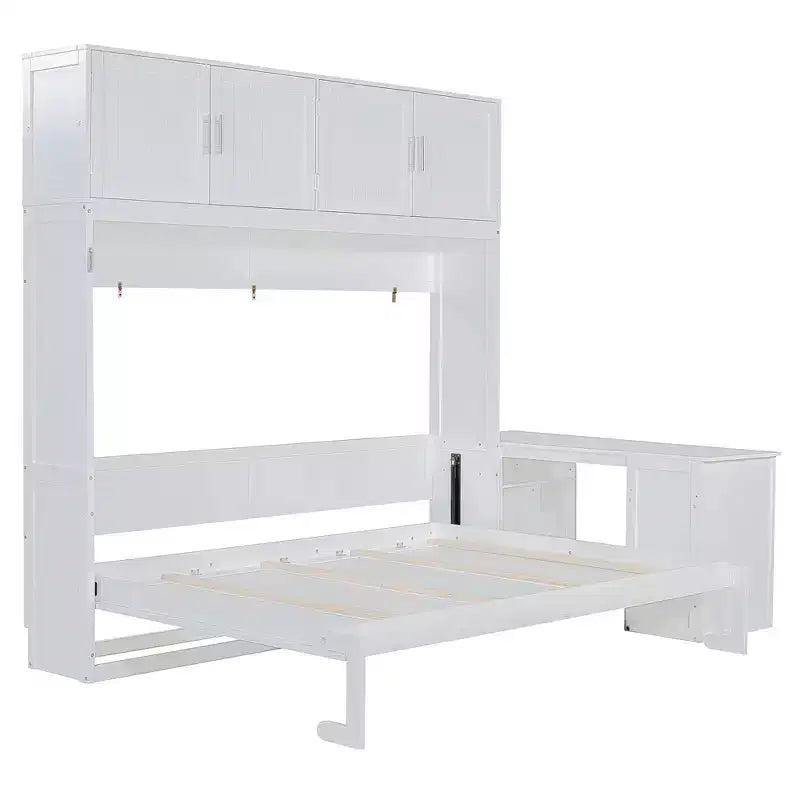 Lit mural escamotable moderne Queen Size Luxystar avec mécanisme hydraulique, bureau et 2 armoires de rangement