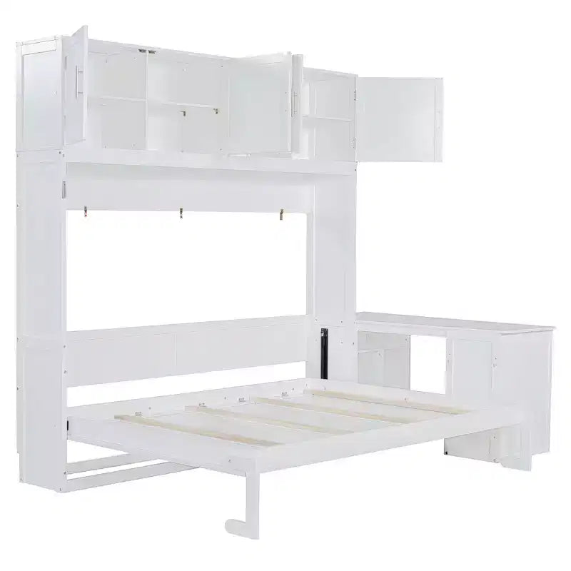 Lit mural escamotable moderne Queen Size Luxystar avec mécanisme hydraulique, bureau et 2 armoires de rangement