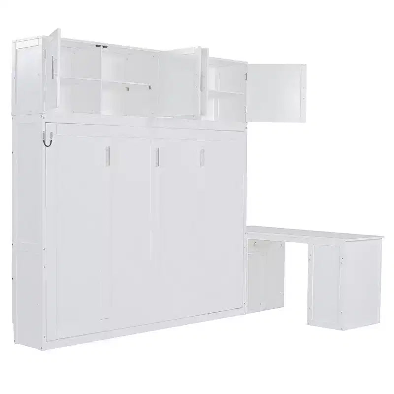Lit mural escamotable moderne Queen Size Luxystar avec mécanisme hydraulique, bureau et 2 armoires de rangement