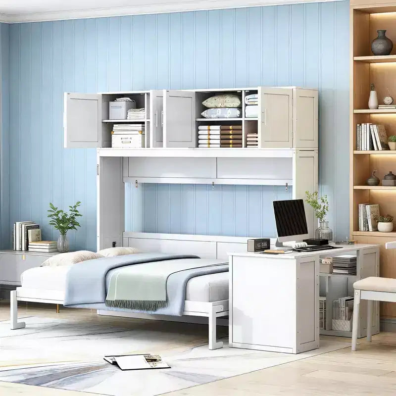 Lit mural escamotable moderne Queen Size Luxystar avec mécanisme hydraulique, bureau et 2 armoires de rangement