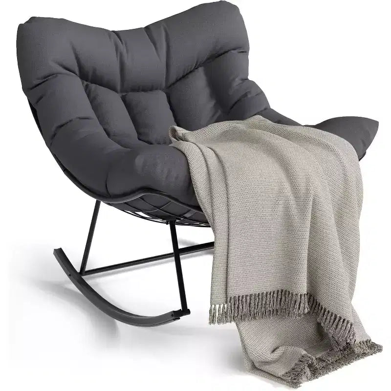 Fauteuil à bascule Papasan d'extérieur, fauteuil à bascule surdimensionné avec cadre métallique robuste, fauteuil à bascule en rotin en forme d'œuf pour balcon, jardin, porche, chambre à coucher