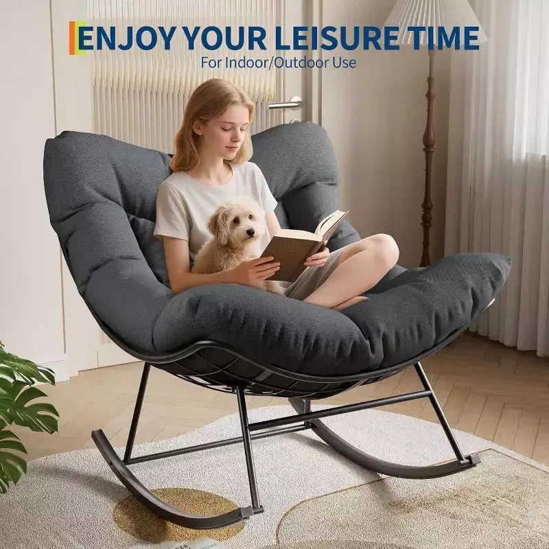 Fauteuil à bascule Papasan d'extérieur, fauteuil à bascule surdimensionné avec cadre métallique robuste, fauteuil à bascule en rotin en forme d'œuf pour balcon, jardin, porche, chambre à coucher