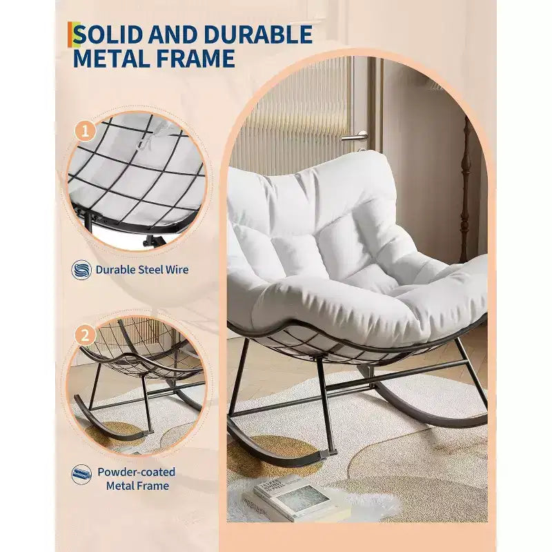 Fauteuil à bascule Papasan d'extérieur, fauteuil à bascule surdimensionné avec cadre métallique robuste, fauteuil à bascule en rotin en forme d'œuf pour balcon, jardin, porche, chambre à coucher