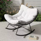 Outdoor Papasan Rocking Chair, Oversized Rocking Chair with Sturdy Metal Frame, Patio Rattan Egg Rocker for Balcony Backyard Porch Bedroom