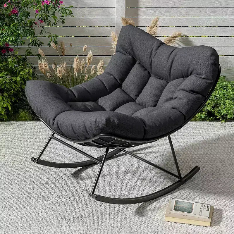 Fauteuil à bascule Papasan d'extérieur, fauteuil à bascule surdimensionné avec cadre métallique robuste, fauteuil à bascule en rotin en forme d'œuf pour balcon, jardin, porche, chambre à coucher