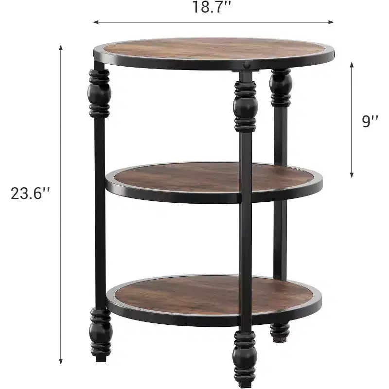 Table d'appoint ronde, table d'appoint à 3 niveaux pour salon avec étagère de rangement et table de chevet en bois industriel/table de nuit pour chambre