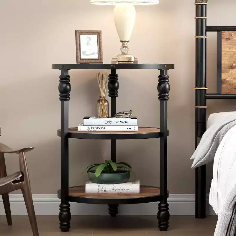 Table d'appoint ronde, table d'appoint à 3 niveaux pour salon avec étagère de rangement et table de chevet en bois industriel/table de nuit pour chambre