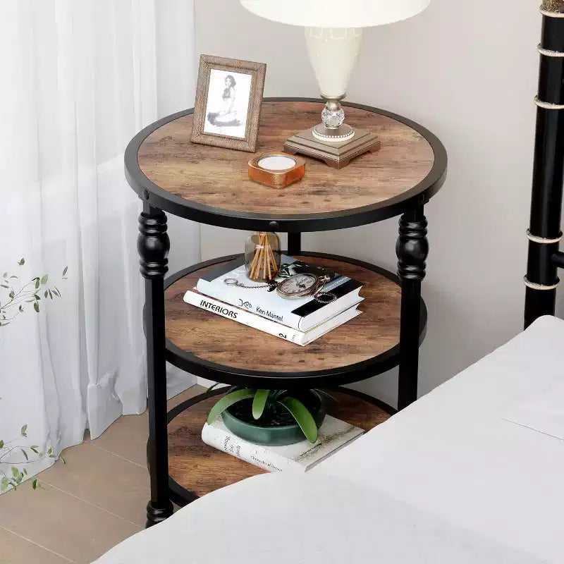 Table d'appoint ronde, table d'appoint à 3 niveaux pour salon avec étagère de rangement et table de chevet en bois industriel/table de nuit pour chambre
