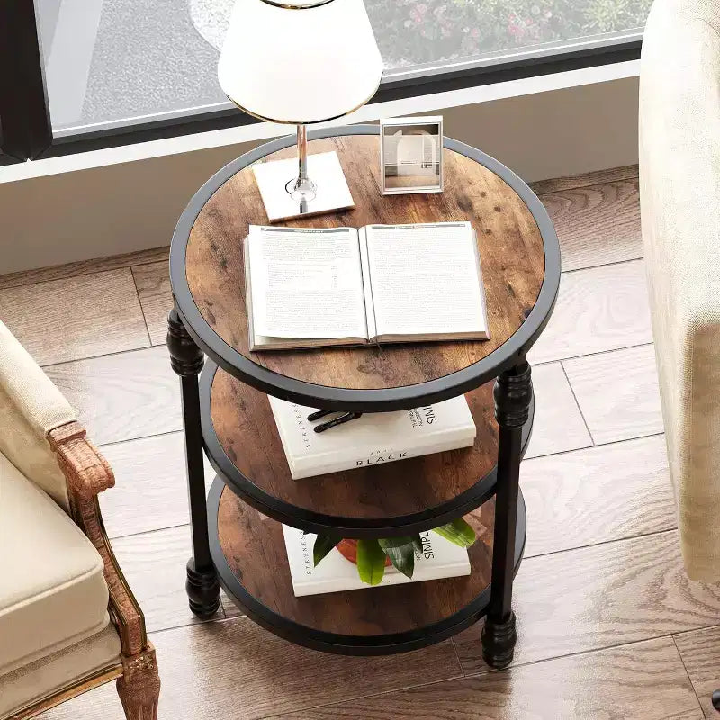 Table d'appoint ronde, table d'appoint à 3 niveaux pour salon avec étagère de rangement et table de chevet en bois industriel/table de nuit pour chambre