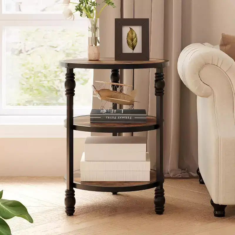 Table d'appoint ronde, table d'appoint à 3 niveaux pour salon avec étagère de rangement et table de chevet en bois industriel/table de nuit pour chambre