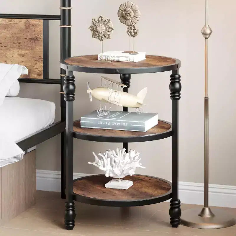 Table d'appoint ronde, table d'appoint à 3 niveaux pour salon avec étagère de rangement et table de chevet en bois industriel/table de nuit pour chambre