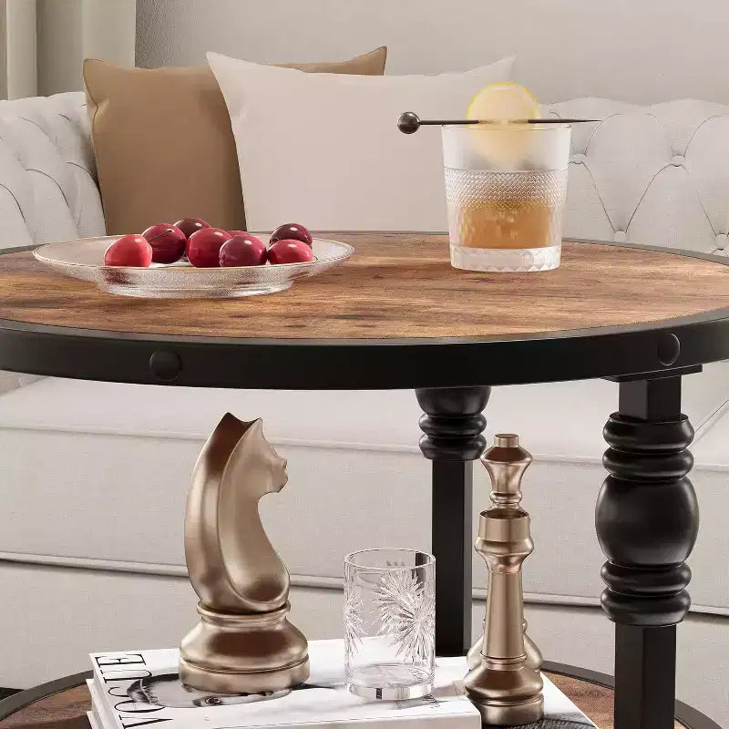 Table d'appoint ronde, table d'appoint à 3 niveaux pour salon avec étagère de rangement et table de chevet en bois industriel/table de nuit pour chambre