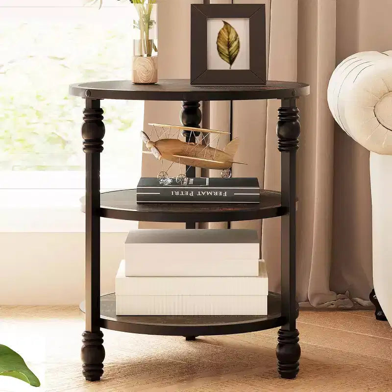Table d'appoint ronde, table d'appoint à 3 niveaux pour salon avec étagère de rangement et table de chevet en bois industriel/table de nuit pour chambre