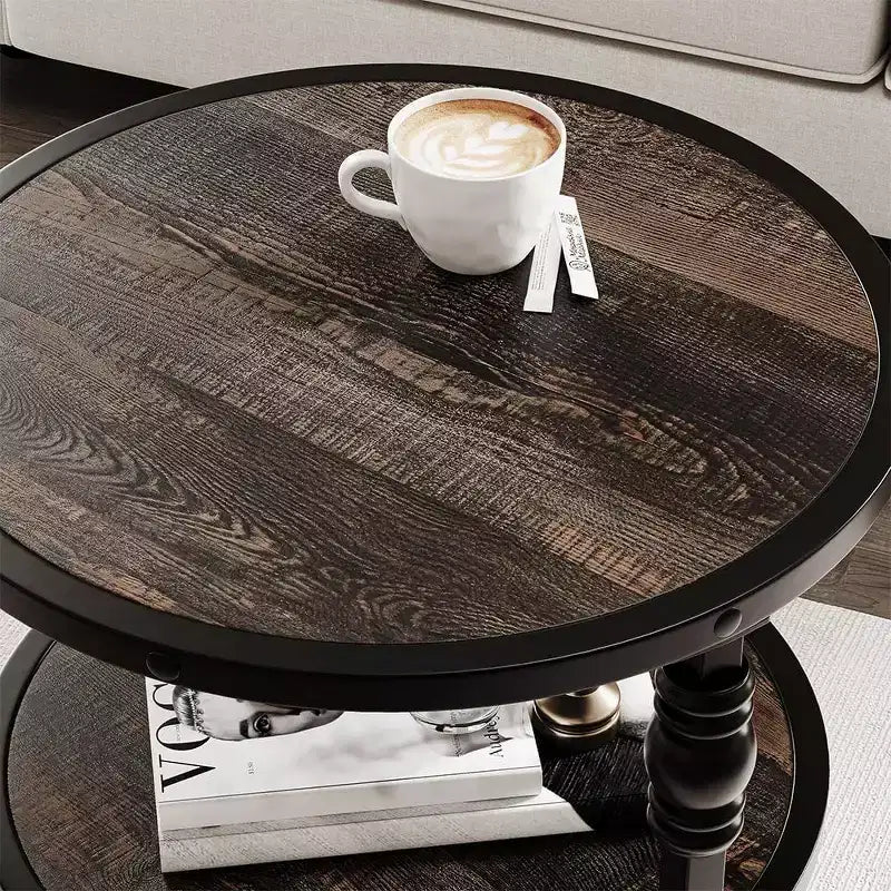 Table d'appoint ronde, table d'appoint à 3 niveaux pour salon avec étagère de rangement et table de chevet en bois industriel/table de nuit pour chambre