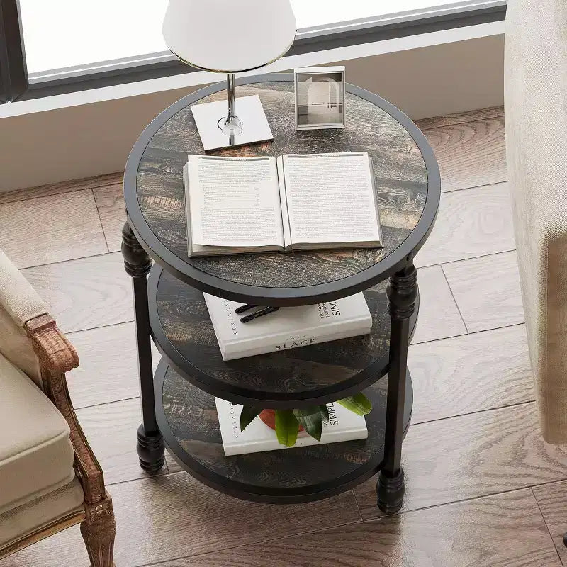 Table d'appoint ronde, table d'appoint à 3 niveaux pour salon avec étagère de rangement et table de chevet en bois industriel/table de nuit pour chambre