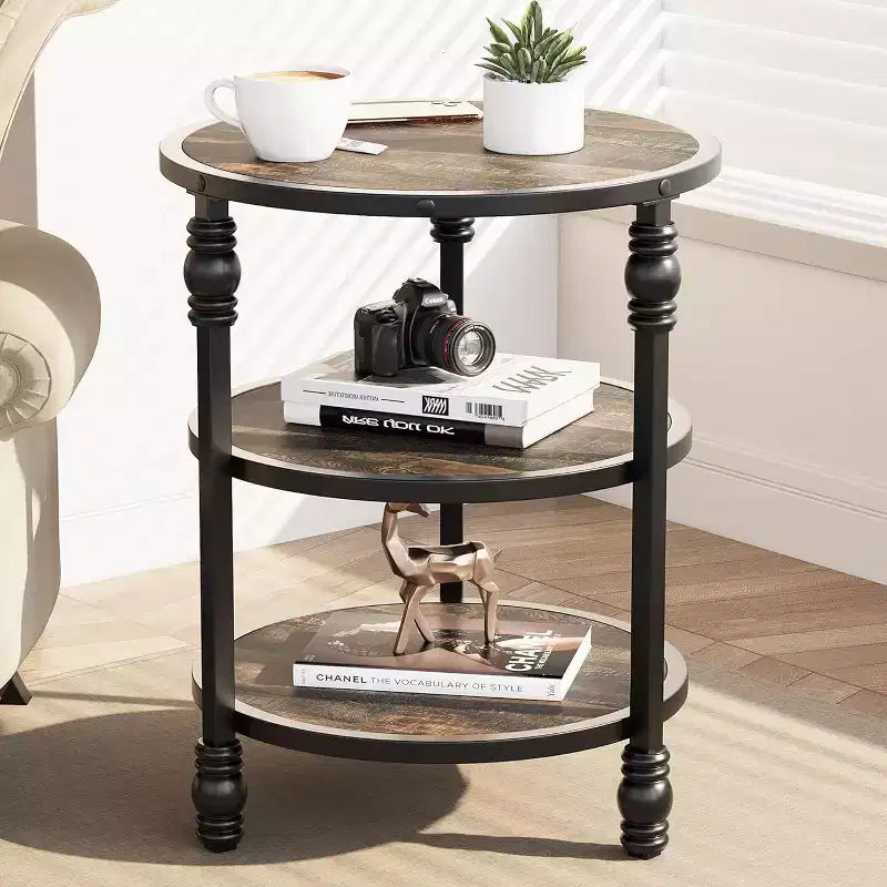 Table d'appoint ronde, table d'appoint à 3 niveaux pour salon avec étagère de rangement et table de chevet en bois industriel/table de nuit pour chambre