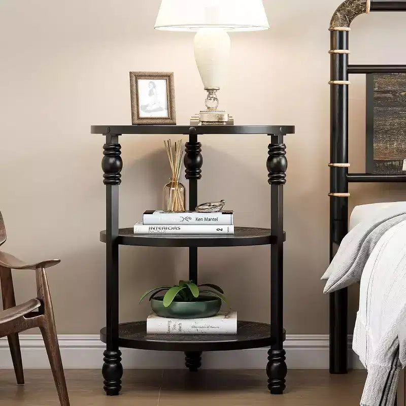 Table d'appoint ronde, table d'appoint à 3 niveaux pour salon avec étagère de rangement et table de chevet en bois industriel/table de nuit pour chambre