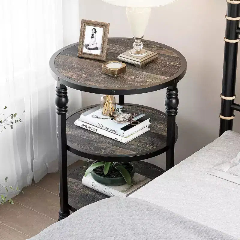 Round End Table, 3-Tier Side Table Living Room Accent Table with Storage Shelf and Metal Industrial Wood Bed Side Table/Night Stand for Bedroom