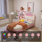 Cadre de lit double rembourré, support en bois solide, sans sommier tapissier, avec tiroirs, adapté à une chambre d'enfant, rose et blanc
