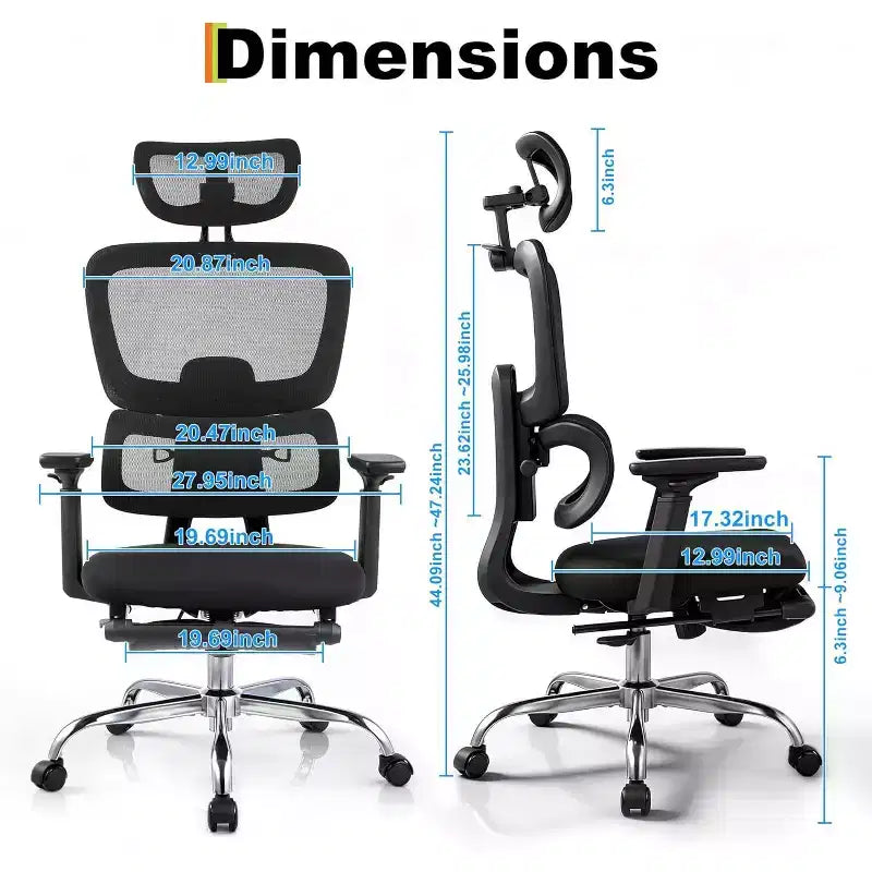 Chaise de Bureau Ergonomique en Maille, Chaise de Bureau à Dossier Haut et Support Lombaire Réglable 300lbs, Accoudoirs Relevables 4D, Siège d'Ordinateur Pivotant à Roulettes pour Longues Sessions de Travail