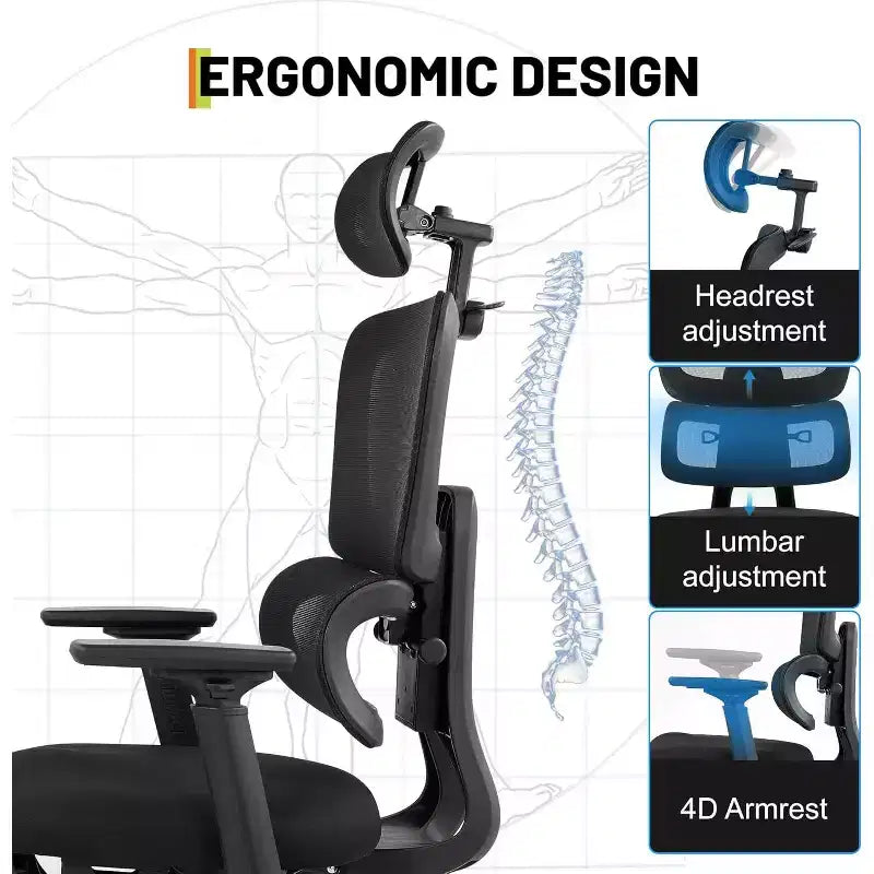 Chaise de Bureau Ergonomique en Maille, Chaise de Bureau à Dossier Haut et Support Lombaire Réglable 300lbs, Accoudoirs Relevables 4D, Siège d'Ordinateur Pivotant à Roulettes pour Longues Sessions de Travail