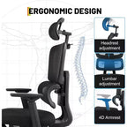 Chaise de Bureau Ergonomique en Maille, Chaise de Bureau à Dossier Haut et Support Lombaire Réglable 300lbs, Accoudoirs Relevables 4D, Siège d'Ordinateur Pivotant à Roulettes pour Longues Sessions de Travail