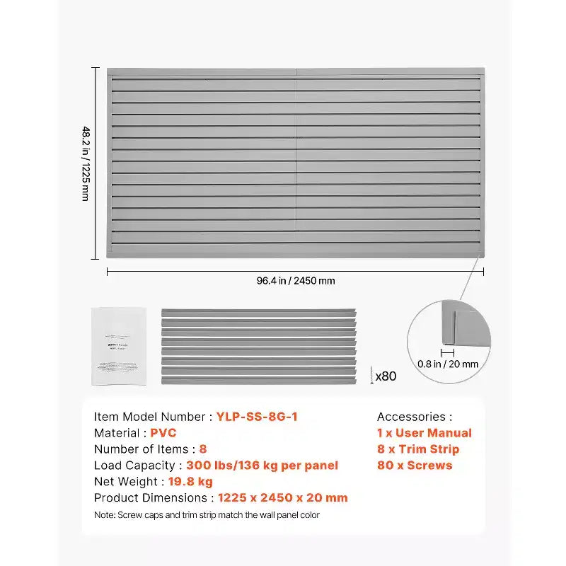 Panneaux muraux à lattes VEVOR, 2,4 x 1,2 m, lambris mural PVC pour garage avec conception modulaire, panneaux muraux à lattes gris faciles à installer et ajustables, gris