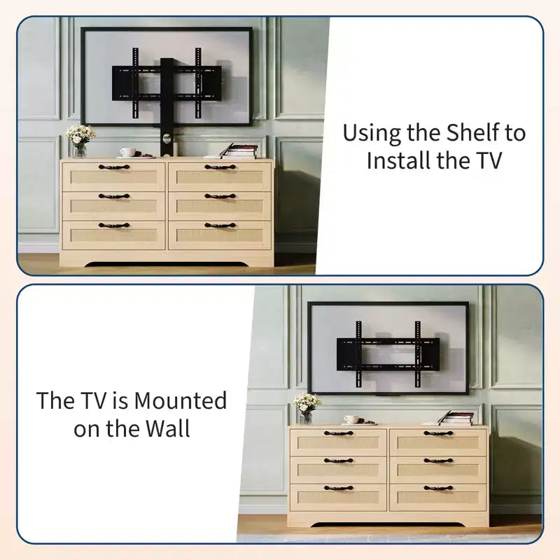 Meuble TV design moderne avec support pour téléviseurs de 32 à 85 pouces, commode en rotin à 6 tiroirs, rangement spacieux, console média