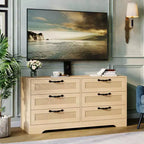 Meuble TV design moderne avec support pour téléviseurs de 32 à 85 pouces, commode en rotin à 6 tiroirs, rangement spacieux, console média